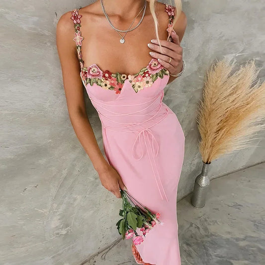 Sexy Sleeveless Floral Lace Up Bodycon Maxi Dress