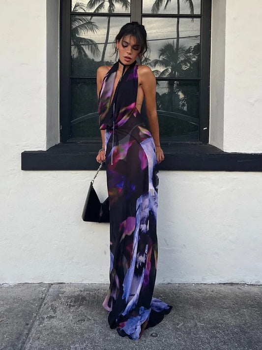 Elegant Sleeveless Backless Purple Print Halter Bodycon Maxi Dress